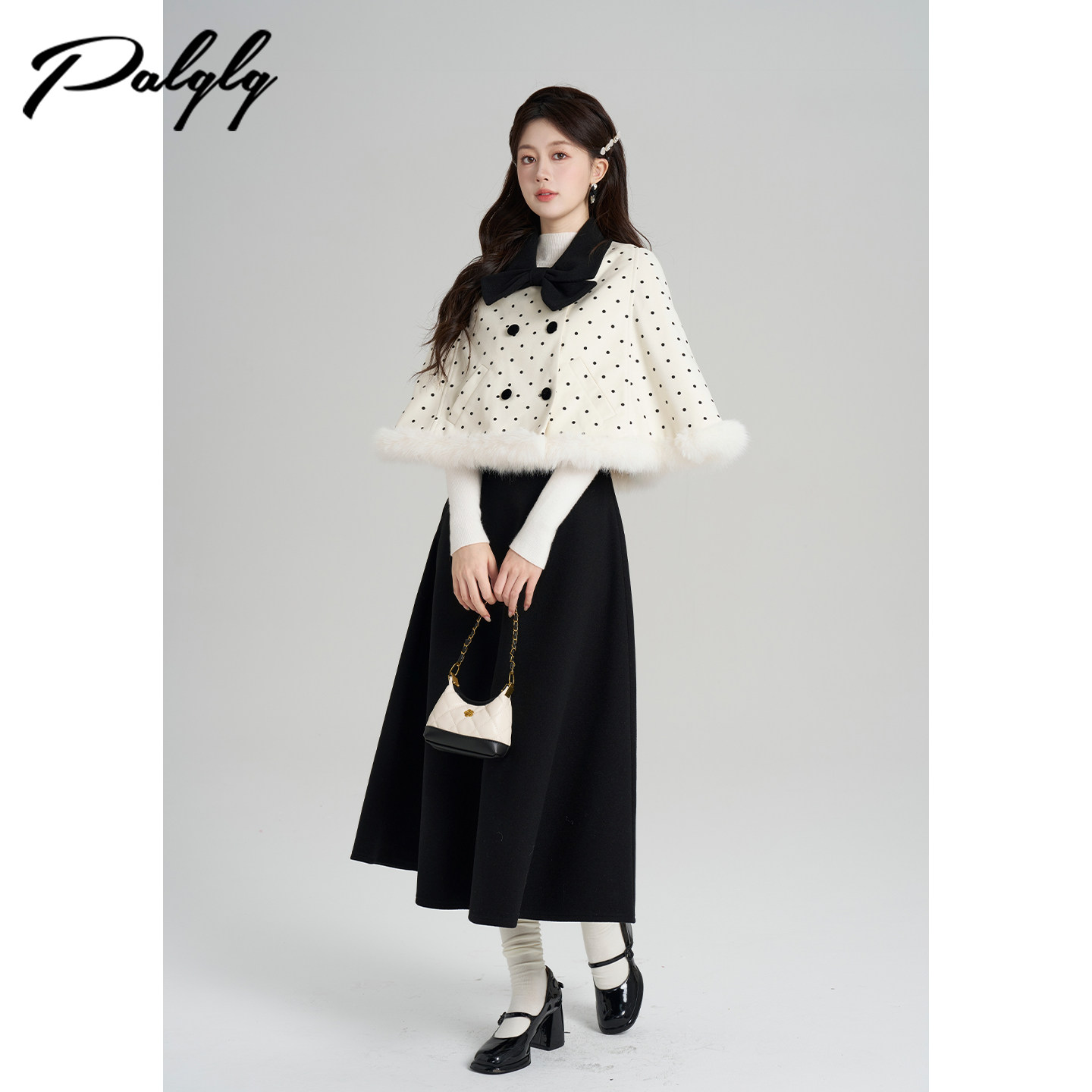 法式波点斗篷短款毛呢外套女