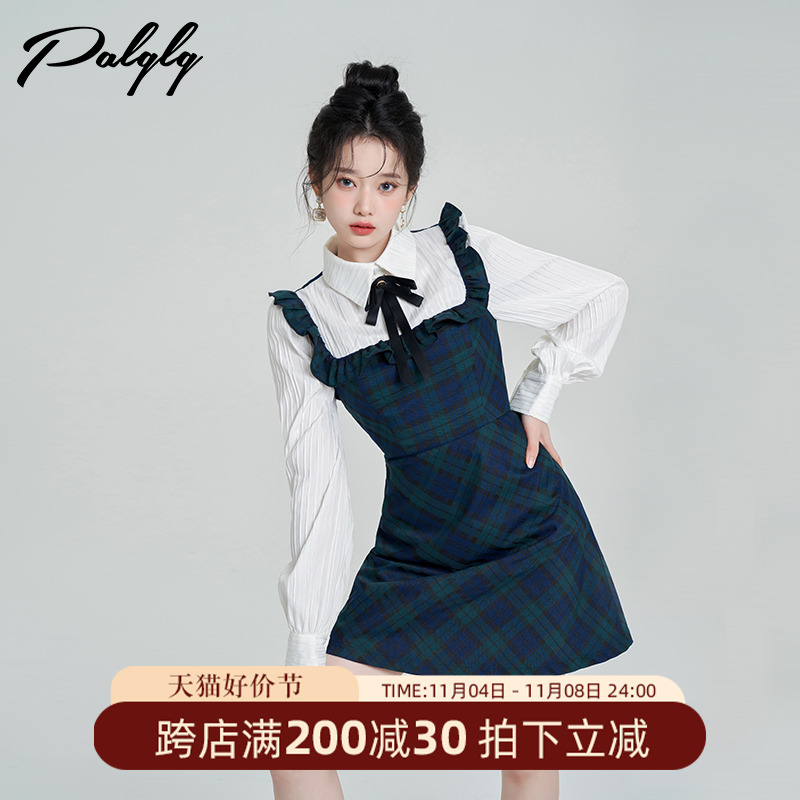 假两件长袖格子连衣裙女秋冬季2023新款学院风气质小香风a字裙子
