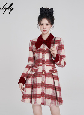 法式甜美红色格子长袖连衣裙女冬季气质加厚富家千金呢子新年裙子