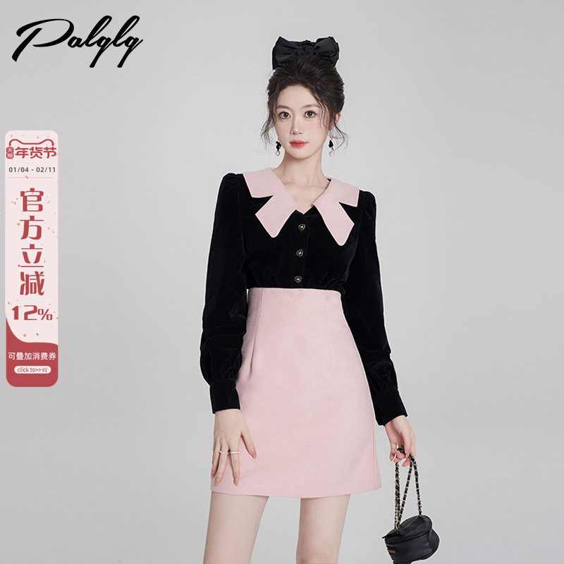 Palglg甜美风黑粉丝绒长袖连衣裙女冬高级感小香风法式收腰a字裙,女装/女士精品,连衣裙,淘宝优惠券,粉丝福利购,淘宝优惠卷