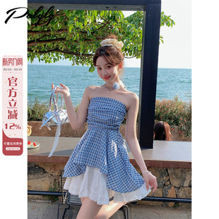 高级感荷叶边蓝色格子无袖 女夏季 短上衣 甜辣风一字肩抹胸衬衫 法式