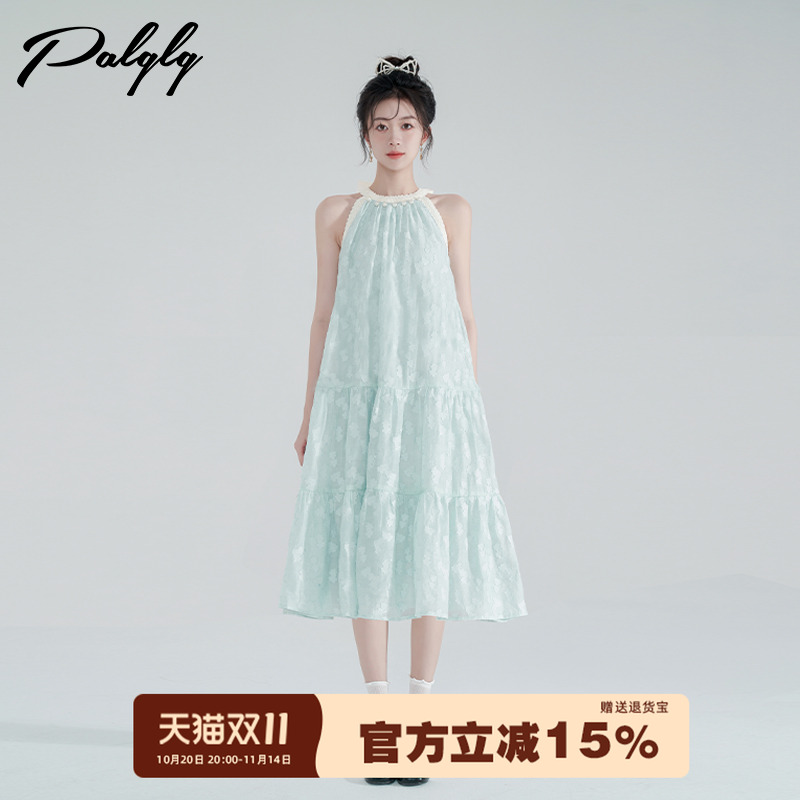 珍珠无袖法式度假挂脖连衣裙女