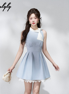 Palglg法式富家千金风蓝色挂脖连衣裙女夏季拼接蕾丝高腰生日裙子