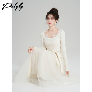 Palglg法式 小香风拼接网纱长裙子 温柔风白色蕾丝内搭连衣裙女冬季