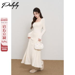 温柔风法式白色方领长款连衣裙女秋冬新款高级感毛绒绒打底长裙子