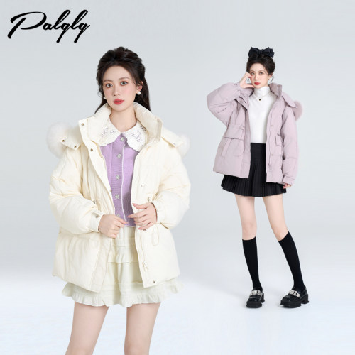 大毛领狐狸毛紫色连帽羽绒服女