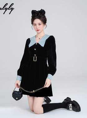 法式娃娃领黑色丝绒连衣裙女爆款冬季赫本千金风气质生日裙小礼裙