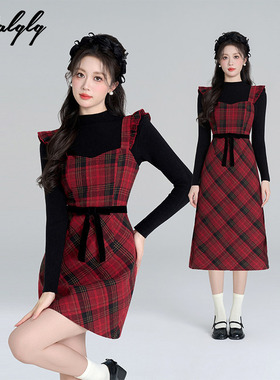 法式甜美红色格子背带连衣裙女冬装小香风收腰圣诞打底吊带背心裙