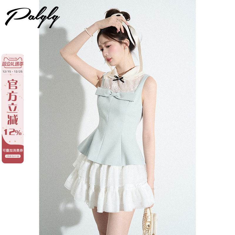 法式miu系千金风蓝色无袖衬衫