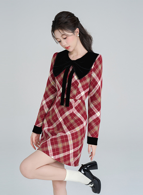 小香风圣诞红色格纹连衣裙女冬季富家千金风气质甜美收腰a字裙子