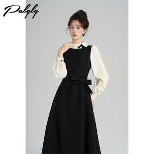 赫本风收腰长裙小黑裙 黑色连衣裙女冬季 Palglg法式 千金风拼接长款