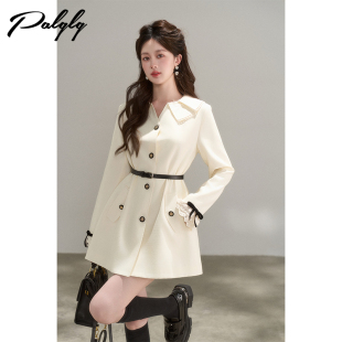 法式甜美宽松韩系白色中长款外套女秋季小香风高级感拼接蕾丝大衣