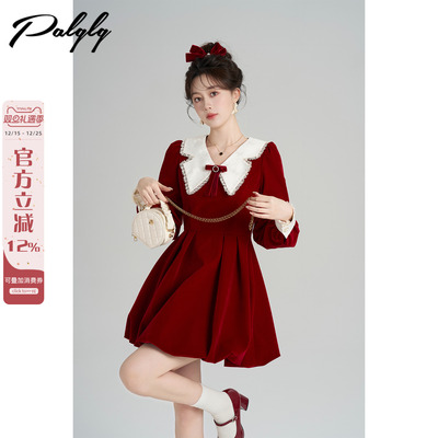 圣诞娃娃领红色丝绒连衣裙女冬季