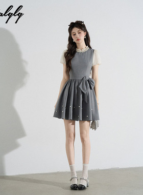 重工钉珠立领灰色法式连衣裙女夏季富家千金风收腰泡泡袖绝美裙子