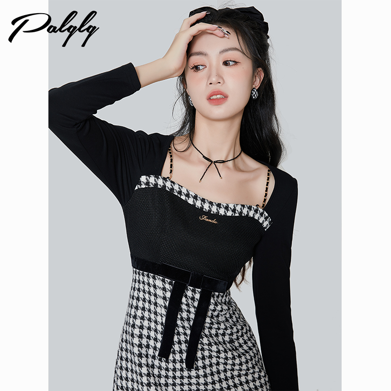 甜酷千鸟格拼接连衣裙