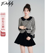 子收腰加厚连衣裙女冬季 Palglg法式 小香风格 拼接丝绒花苞裙短裙子