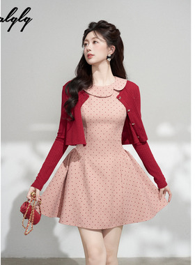 Palglg小香风粉色波点背心连衣裙女春季高级感法式红色开衫套装裙
