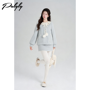 Palglg甜美风蓝色小香风毛呢外套女套装 冬富家千金风半身裙两件套