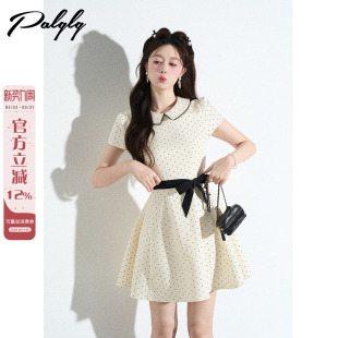娃娃领甜美杏色波点连衣裙女夏季 掐腰miu系小洋裙a字裙 小香风法式