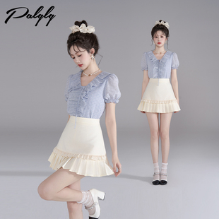 设计感小众荷叶边短款 法式 女夏季 v领衬衫 小香风上衣 蓝色泡泡短袖