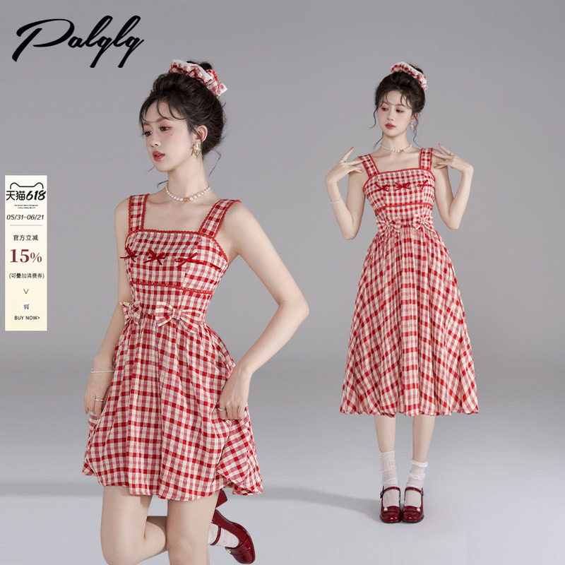 学院风红色格子背带连衣裙女夏季高级感甜美风小个子俏皮绝美裙子