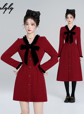 新年红色v领收腰连衣裙女冬季小香风圣诞穿搭法式蝴蝶结打底a字裙