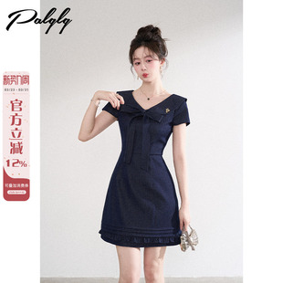 设计感小众蓝色v领牛仔连衣裙女夏气质法式学院风掐腰木耳边短裙