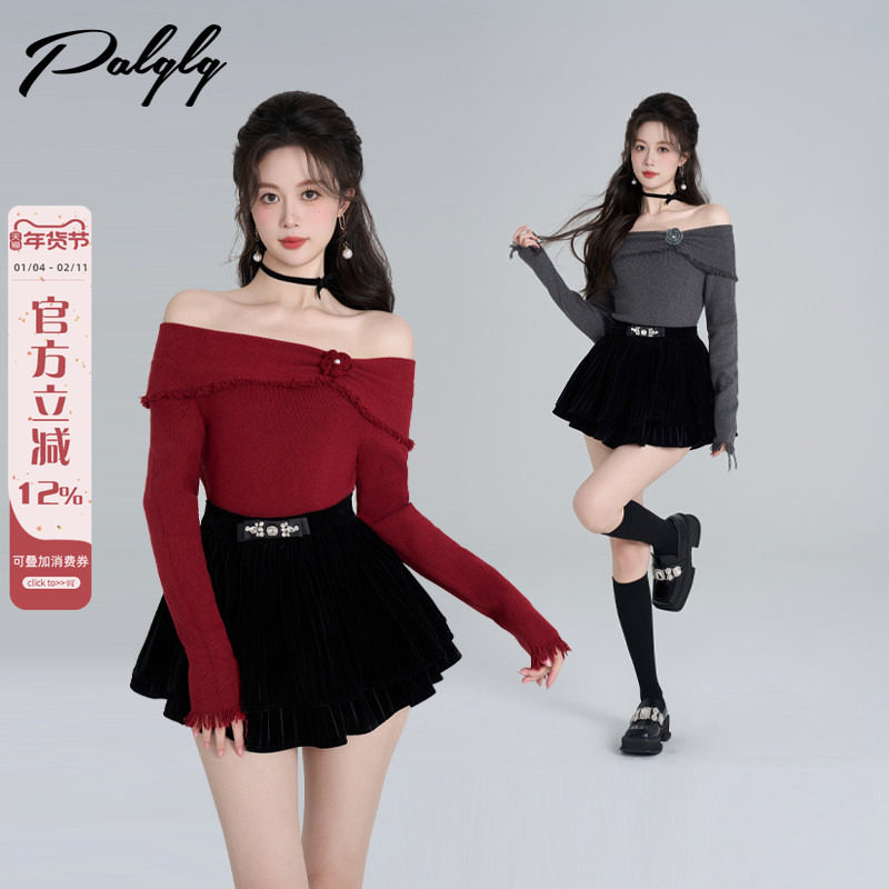 设计感小众法式一字肩针织毛衣女秋冬小香风气质修身短款外穿上衣,女装/女士精品,毛针织衫,淘宝优惠券,粉丝福利购,淘宝优惠卷