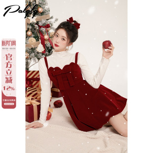 蝴蝶夹法式 高级感a字蓬蓬公主新年裙子 红色丝绒吊带连衣裙女冬季