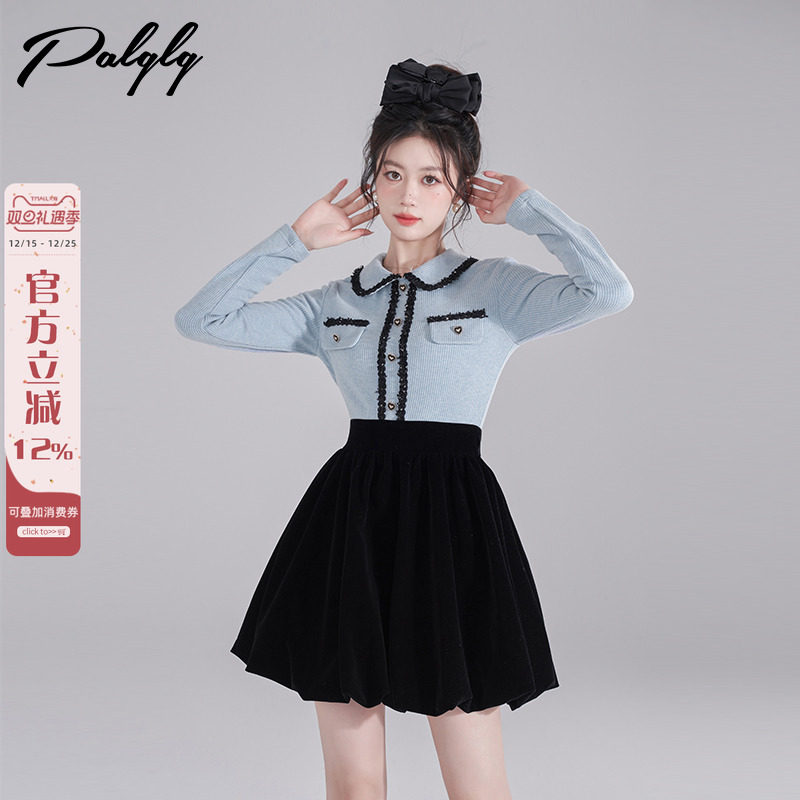 娃娃领蓝色拼接长袖连衣裙女