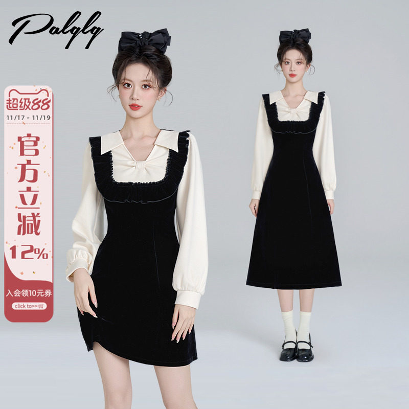 假两件法式v领黑色丝绒连衣裙女冬季富家千金风小香风打底a字裙子