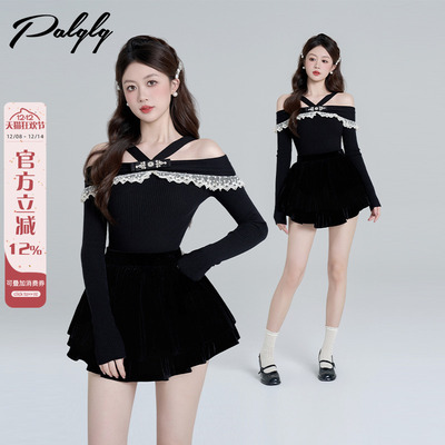 一字肩上衣黑色慵懒风毛衣女