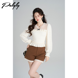 Palglg设计感小众毛绒v领短款衬衫女冬季高级感气质打底小衫上衣