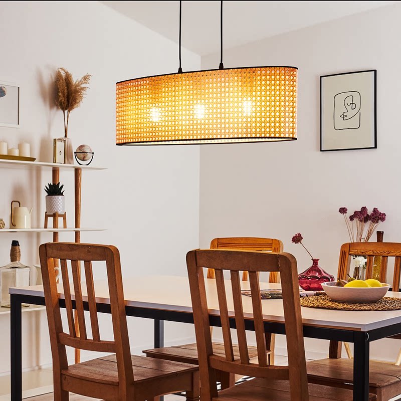 日式餐厅吊灯中式饭厅餐桌灯书房茶室茶台北欧简约藤艺长条餐吊灯