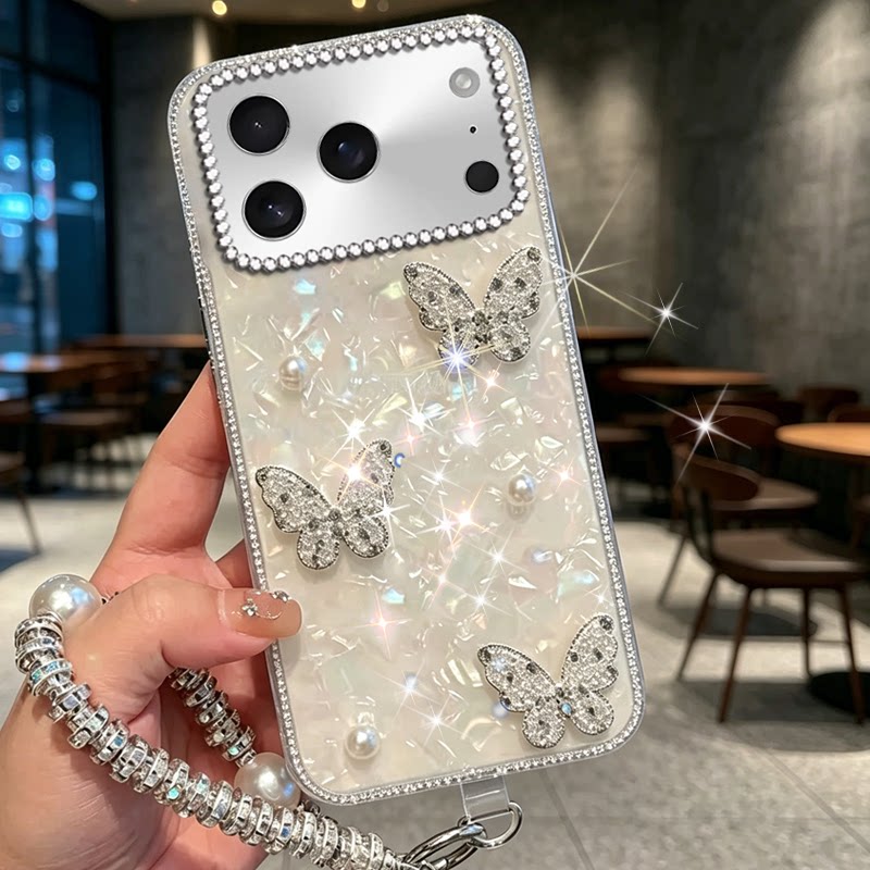 透明彩贝闪钻蝴蝶适用苹果iPhone18Pro手机壳保护套6SPLus水钻15Pro网红11Pro镶钻14Pro新品16防摔17外壳