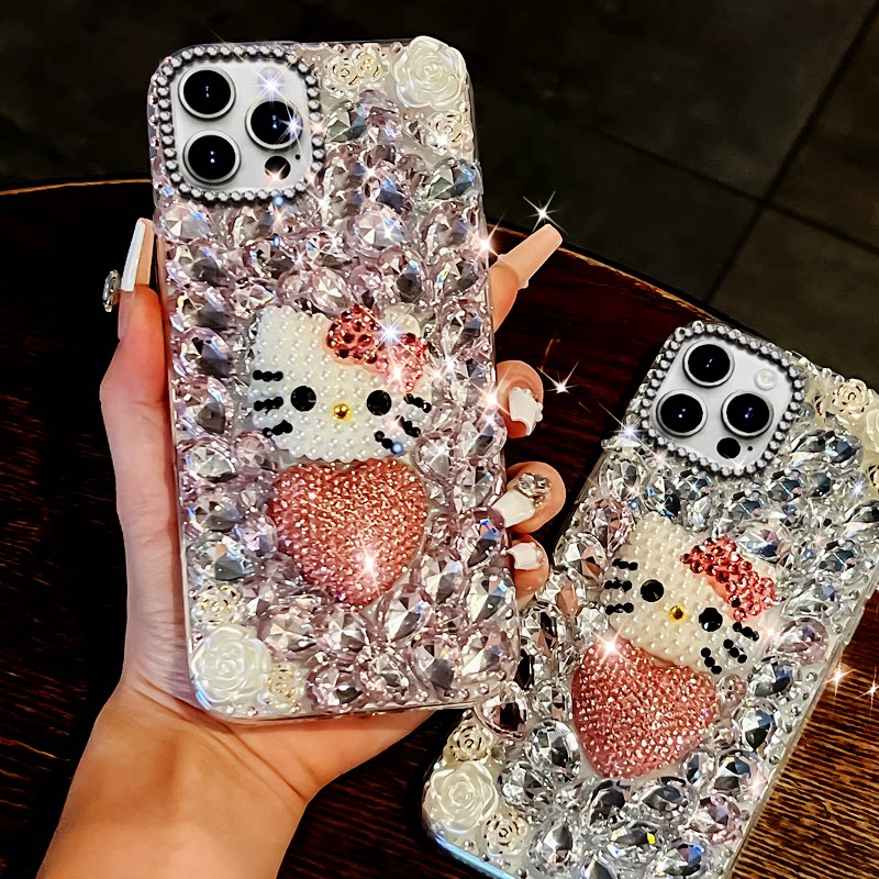炫彩水钻凯特猫适用苹果iPhone14ProMax手机壳网红6高级感15保护套15新品15防摔7女款12镶钻12全包17Pro