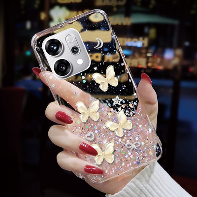 透明滴胶亮片适用OPPOReno14手机壳防摔2网红4SE 5G潮牌2Z女款6 外壳6PRO高级感10保护套4新品A2新款3时尚11