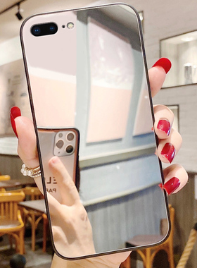 补妆镜子玻璃镜面适用iphone苹果7PLUS/ip8PLUS手机壳女2021新款7p硅胶8p夏天i8带挂绳7s手机套女款ins超火八