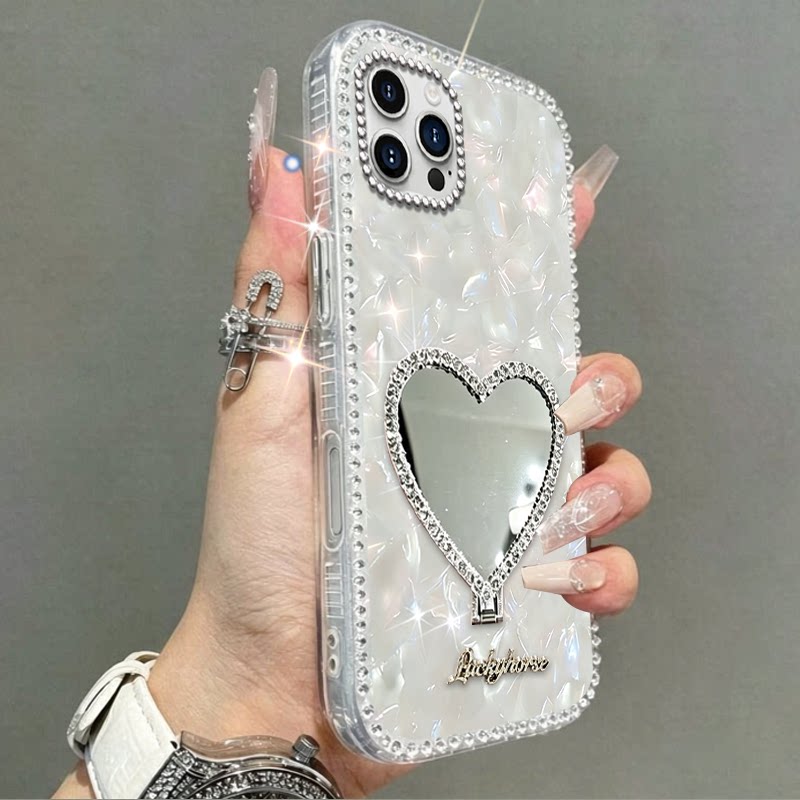 秋冬闪钻贝壳带镜子适用苹果iPhone16promax手机壳镶钻12水钻6SPLus新品14Plus保护套SE(第三代)全包14巨好看
