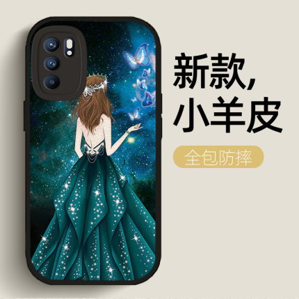 引蝶女神黑色小羊皮适用opporeno6手机壳新款5g硅胶软壳6Pro曲屏reno7se镜头全包5K女款opr小众高级感保护套