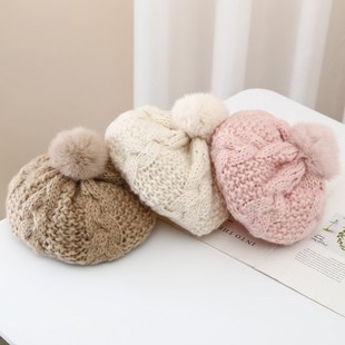 秋冬季儿童贝雷帽女宝宝兔毛球针织毛线帽子韩版女童公主画家帽潮