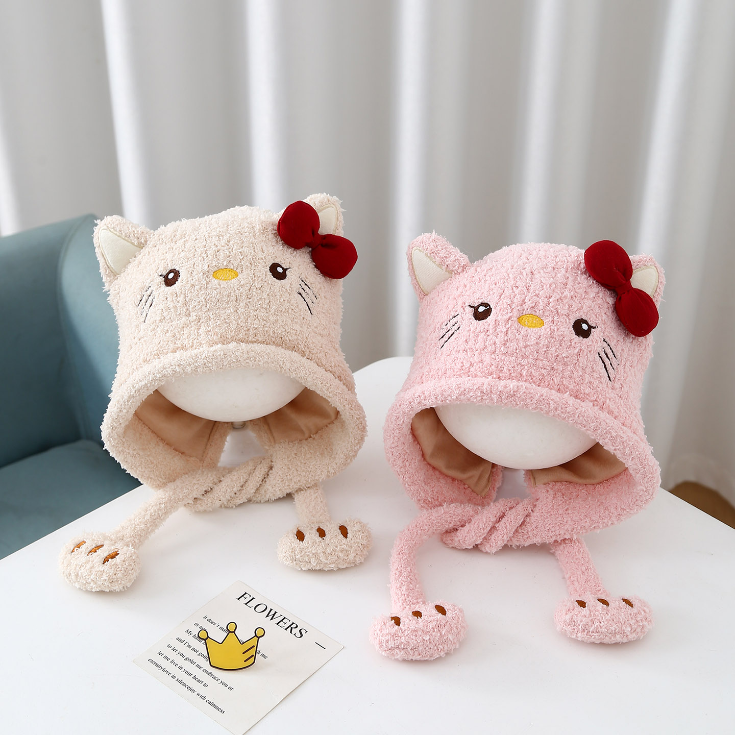 宝宝帽子秋冬季可爱卡通kt猫咪儿童毛绒帽冬天防风保暖女童护耳帽