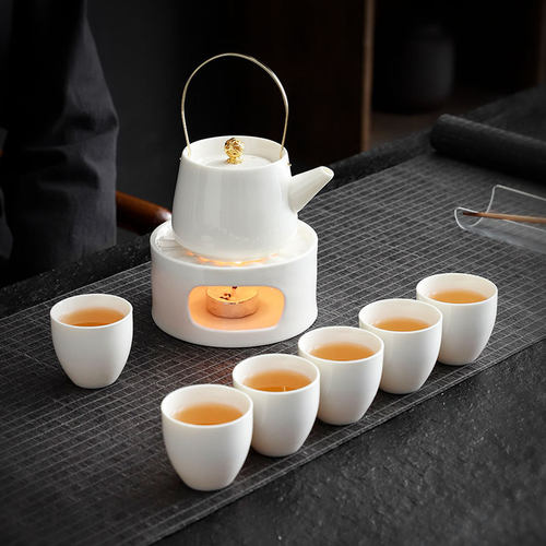 提梁壶陶瓷茶壶功夫暖茶炉单壶煮茶器蜡烛加热底座白瓷温茶炉套装