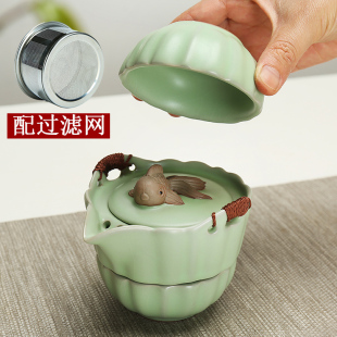 户外旅行茶具套装 汝窑手抓茶壶快客茶杯陶瓷便携式 女士一壶一二杯