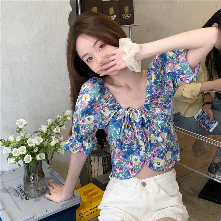 Real price summer new idyllic retro printed bubble sleeve shirt versatile short lace up square neck top