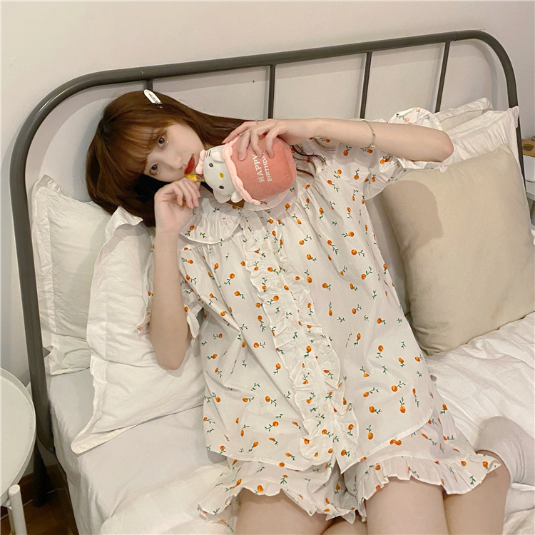 Summer new Korean version small fresh thin print sweet short sleeve pajamas home suit