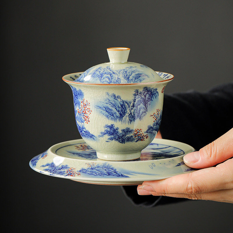 琨德家用老陶泥手绘三才盖碗功夫茶具泡茶盖碗茶杯单个大号敬茶碗