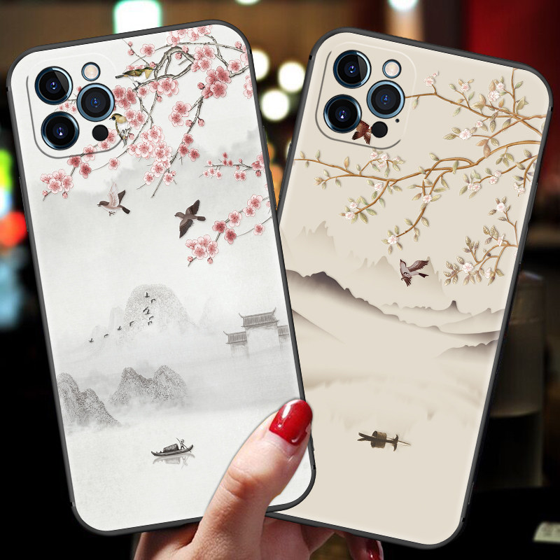 苹果13pro max手机壳iPhone13promax硅胶软壳十三pm复古风女款全包防摔带挂绳指环扣支架por男个性创意山水画