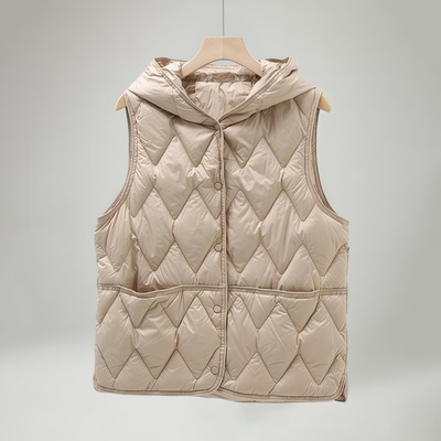 连帽菱形格纹无袖羽绒棉服马夹女