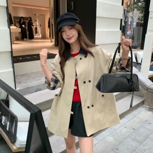 卡其色格纹拼接风衣外套女款2026春秋韩系复古百搭中长款时尚大衣